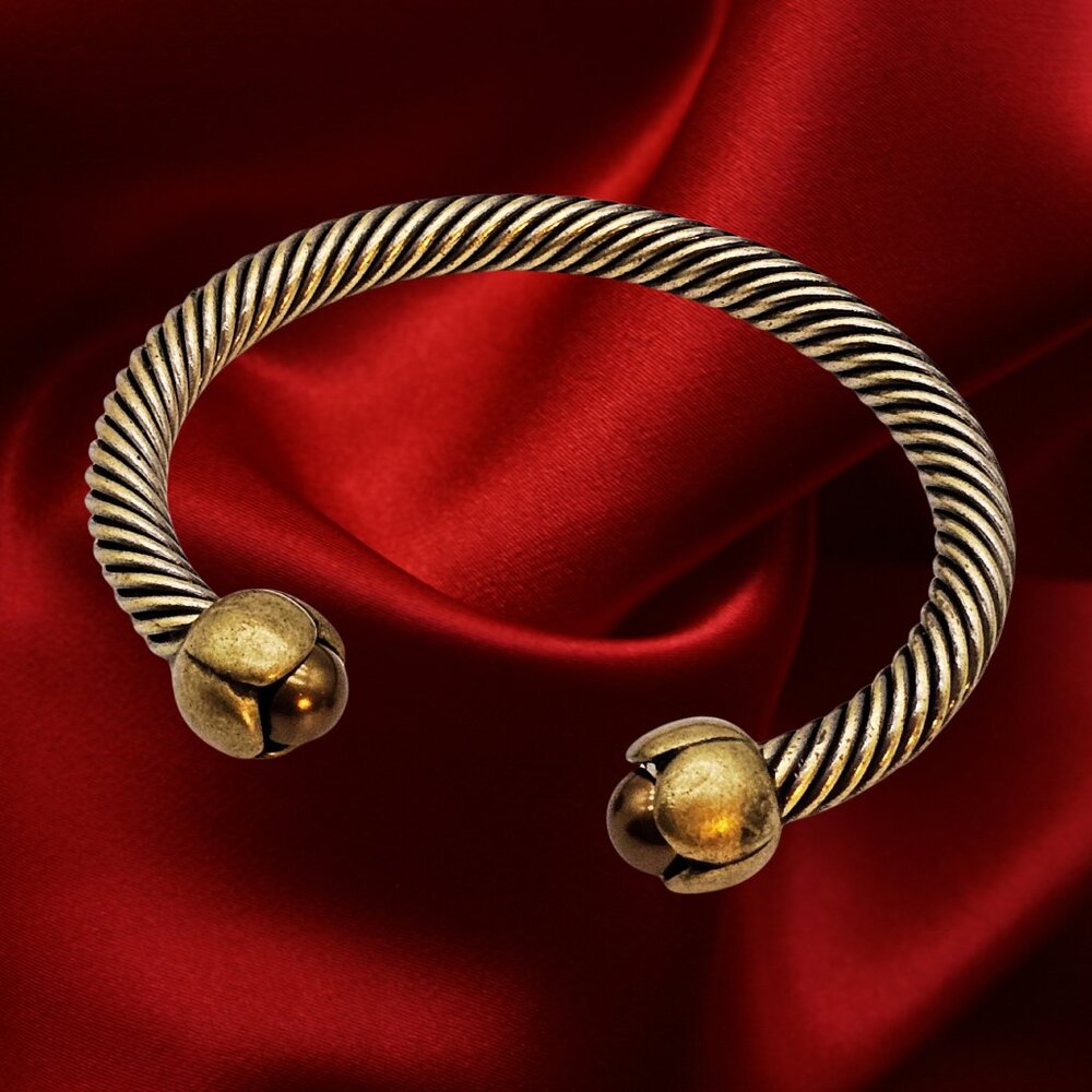 Gold Tone Twisted Cable Cuff Bracelet with Ball Ends – Open Bangle